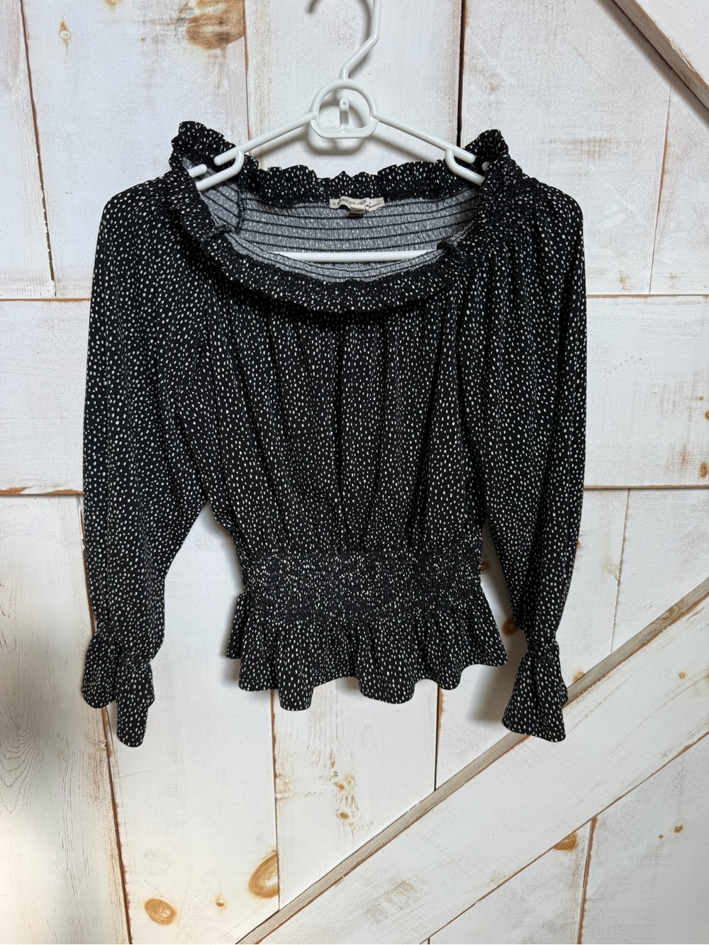 Express Black and White Dotted Smocked Peplum Blouse